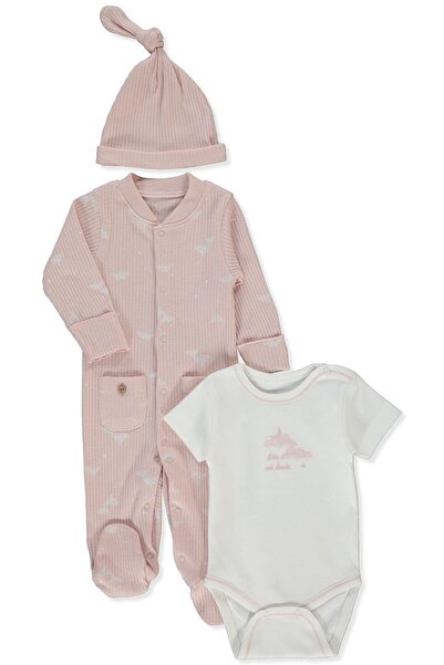 Bebetto Organic Reported K Ribbed Knit Jumpsuit Set of 3 (Organic Born with Love) Dried Rose