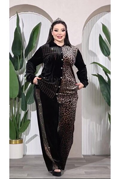 Kokostrendi طقم قميص مخملي مرصع بالكريستال بنقشة الفهد - أسود