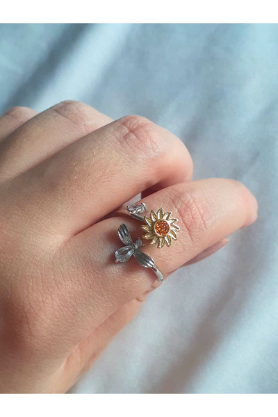 byliora Gümüş Çelik Dönen Stres Çarkı Papatyalı Ayarlanabilir Yüzük