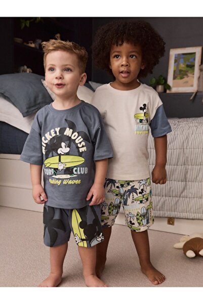 Next Baby Cotton Short Sleeve Gray Ecru Printed 2-Piece Bottom Top Set