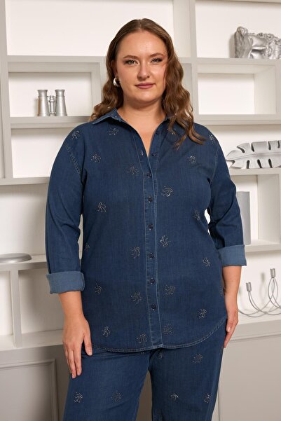 RMG Stone Detailed Plus Size Shirt Navy Blue
