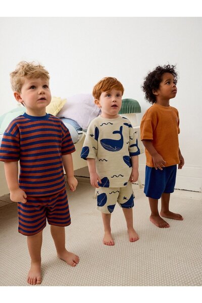 Next Baby Cotton Short Sleeve Navy Blue Red Whale Patterned 3-Piece Bottom To...