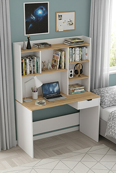 SARMOBİ Harmony Raflı, Çekmeceli Çalışma Masası 120x163x50 cm Beyaz/Meşe – Mo...