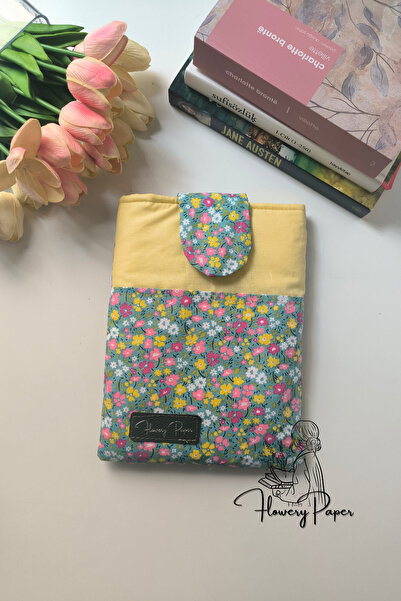 Flowery Paper Sarı Çiçek Kitap Çantası,Kılıfı Kitap Ayracı Book Cover Pamuklu...