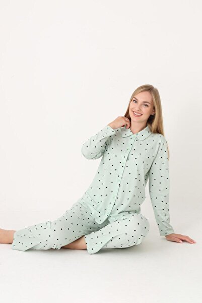 NBB 100% cotton, polka dot, buttoned front, shirt collar women's pajama set