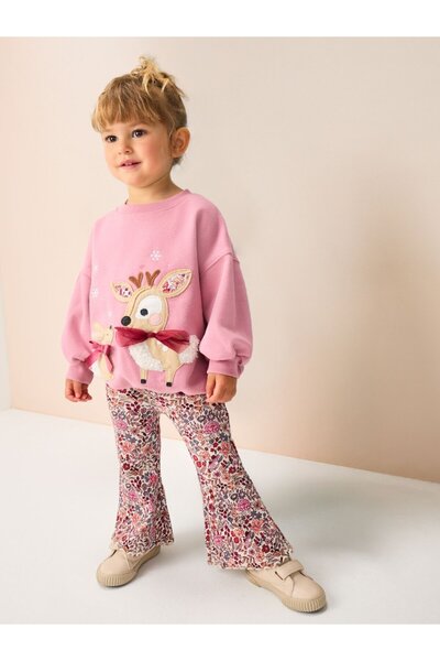 Next Baby Cotton Pink Deer Pattern Long Sleeve Bottom Top Set