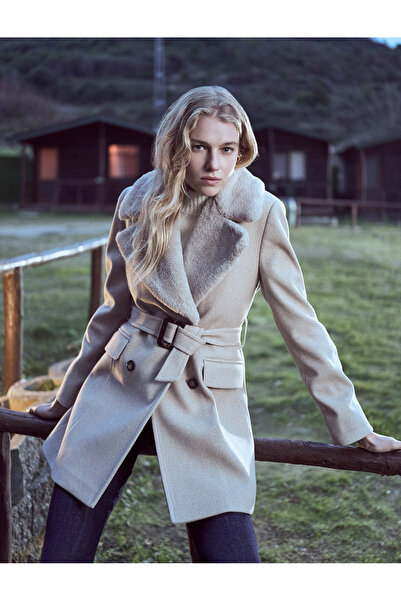 Koton X Şahika Ercümen - Faux Fur Collar Coat Kaşe Double-Breasted Belted with Pockets