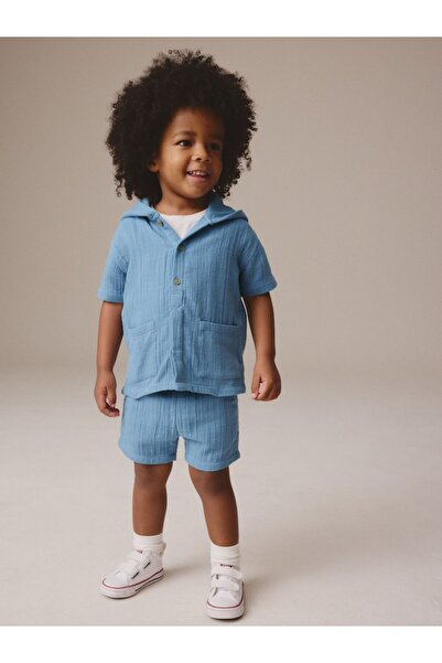 Next Baby Cotton Short Sleeve Blue Textured Bottom Top Set