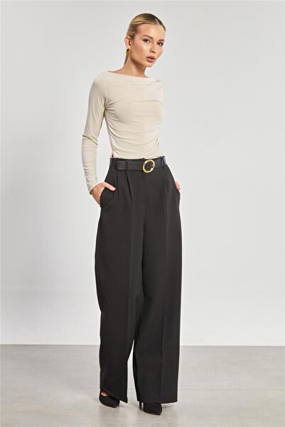 BARRELS AND OIL Belted Pleated Palazzo Fabric Women's Trousers - Black