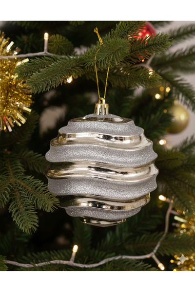 DODOMAR 15 سم - كرة عيد الميلاد فضية لامعة بخطوط أفقية بيضاء، زينة كبيرة الحج...