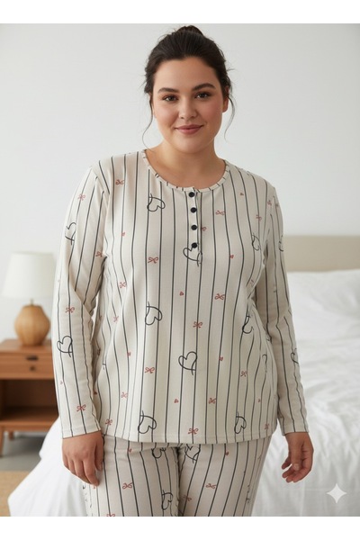 Silona Homewear Kalp ve Kurdele Detaylı Düğmeli Büyük Beden Battal Boy Pijama...