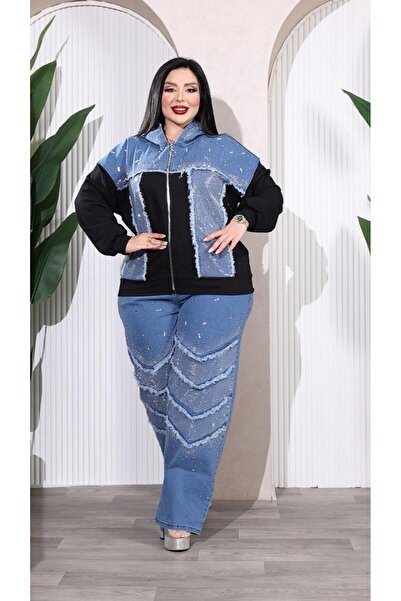Kokostrendi Denim Pattern Stretchy Plus Size Tracksuit Set - Black