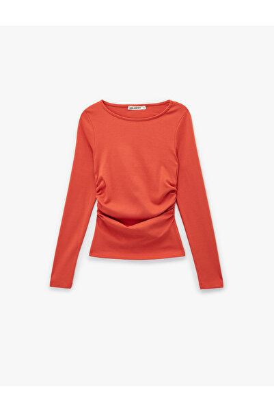 Koton Cotton Slim Fit Boat Neck Draped Long Sleeve T-Shirt