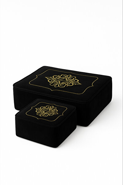 Teksev Laura 2'li (40x40/30x35) Kadife Gold Nakışlı Hurç Seti Çeyizlik Nişan Düğün Gelin Damat Bohçası