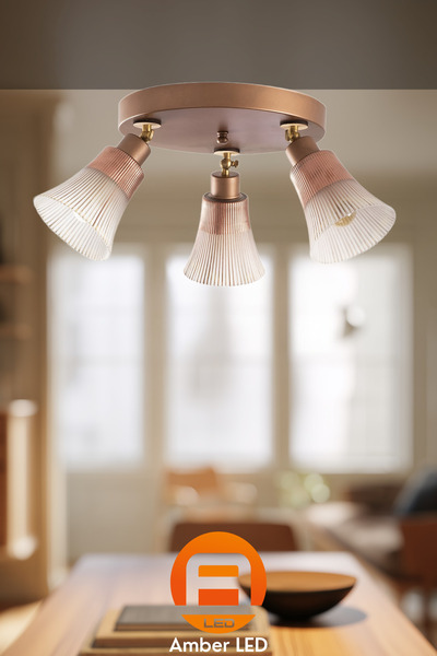 AmberLED Modern Camlı 3'lü Plafönyer Mat Bakır İle Salon Ve Yatak Odası Aydın...