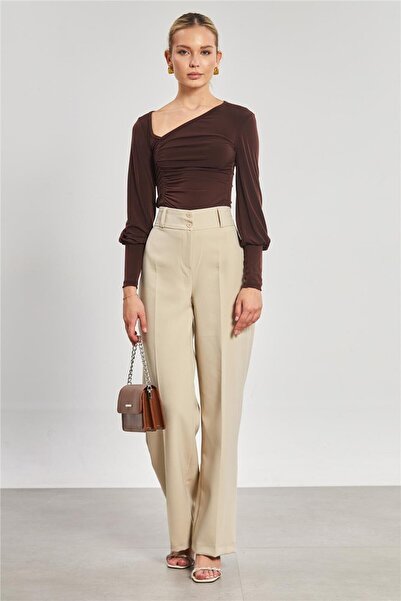 BARRELS AND OIL Double Buttoned Women's Fabric Trousers - Stone