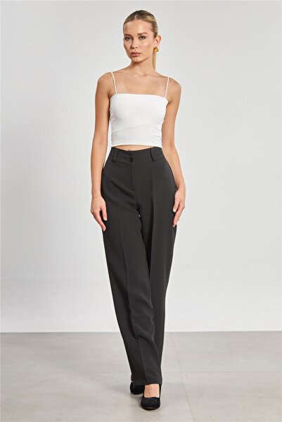 BARRELS AND OIL Double Buttoned Women's Fabric Trousers - Black