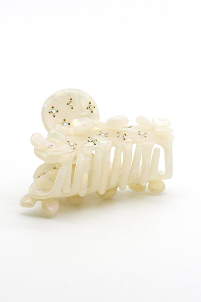 Nearsis Çiçek Figürlü Zirkon Taşlı Krem Renkli Mandal Toka