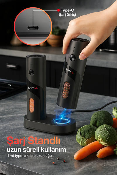 MPIA 1 Ay Kullanımlı Şarjlı Baharat Öğütücü 2’li 110 ml LED Paslanmaz Çelik Bıçak Tuz Karabiber Öğütücü