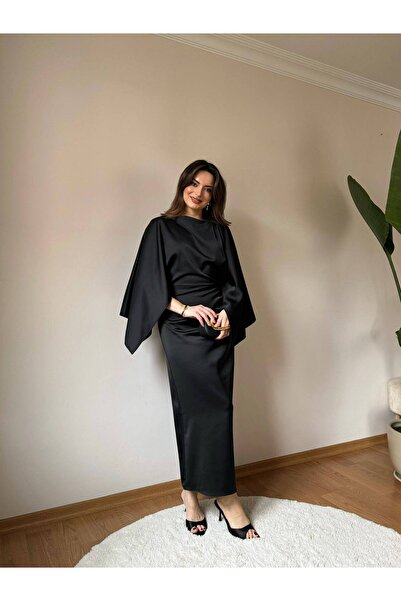 D'RECCY Women's Asymmetric Necklace Collar Waist-Defining Bat-Sleeve Loose Satin Dress