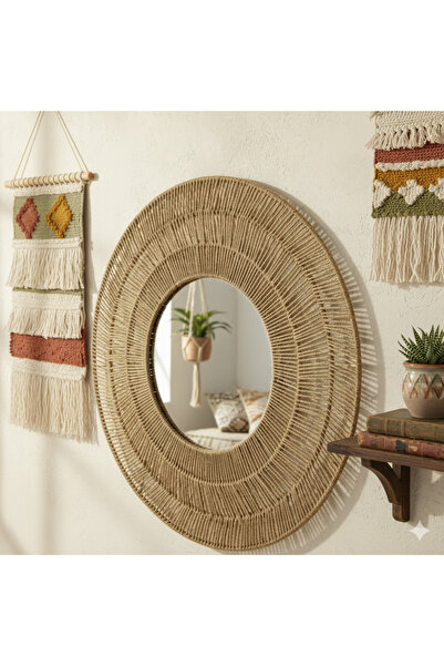 KirazEv Bohem Jüt İpli Örgü Yuvarlak Duvar Aynası