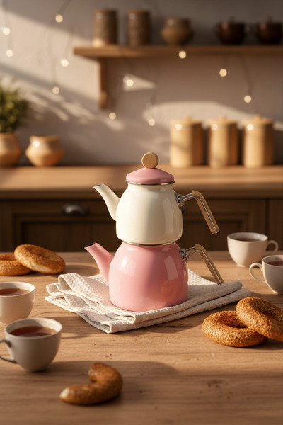 Bambum Nostalji Ahşap Kulplu Çaydanlık Takımı Şeker Pembe