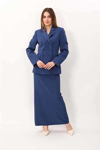 ÖNDER ÖZSOY Erkek Yaka Blazer Ceket & Uzun Düz Dar Etek-İndigo