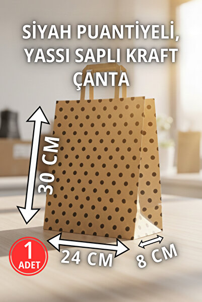Pusula Marketim Yassı Saplı Siyah Puantiyeli Kraft Çanta - Hediyelik Poşet