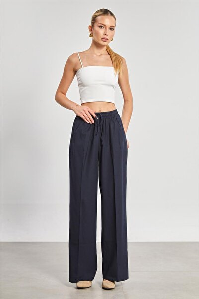 BARRELS AND OIL Women's Loose Wide Leg Palazzo Trousers - Navy Blue