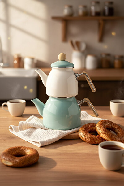 Bambum Nostalji Ahşap Kulplu Çaydanlık Takımı Açık Yeşil