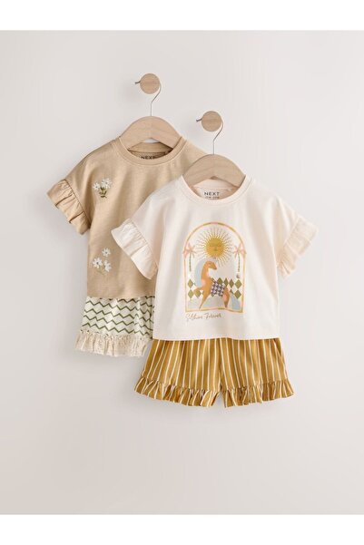 Next Baby Βαμβακερό κοντομάνικο κρεμ καφέ με λουλουδάτο σχέδιο 2 τεμαχίων σετ...