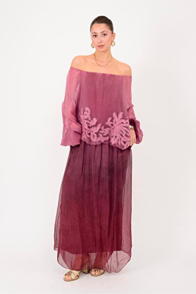 Park Moda Sn510 Madonna Collar Embosed Sequin Detail Silk Dress