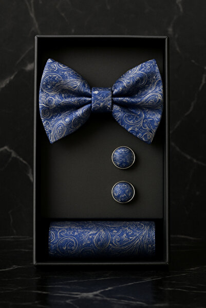 AndraRose Styles Men's Set Bow Tie + Button + Handkerchief - Imperium Blue