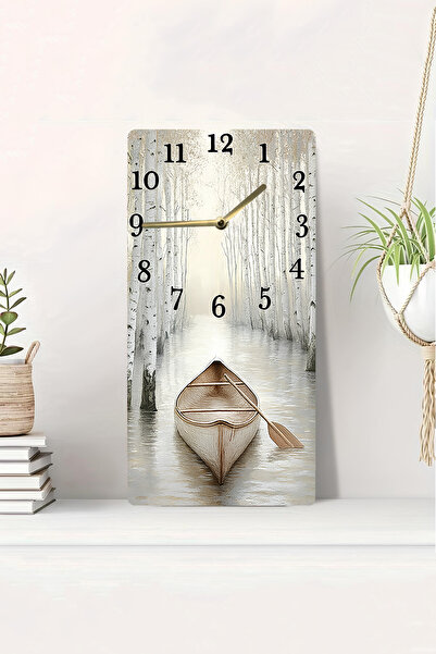 kutuTR 3D Görünümlü 2D UV Baskı MDF Tablo Saat – Sisli Orman ve Kayık Manzarası – 20x40 cm-DTS191