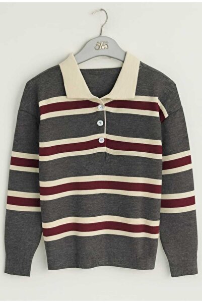 MODA VEDAT Women's Polo Neck Striped Knit Sweater - (Length 60 cm)