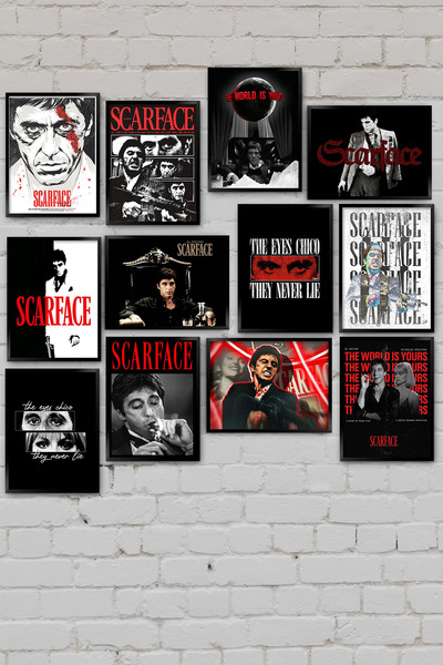 TABLOX Scarface Yaralı Yüz Tony Montana Al Pacino Efsane Film 12 Parça MDF Ahşap Dekoratif Tablo Seti