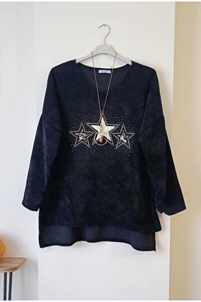 Butik Şans Slit Detailed Stone Printed Oversized Velvet Push-Up Blouse