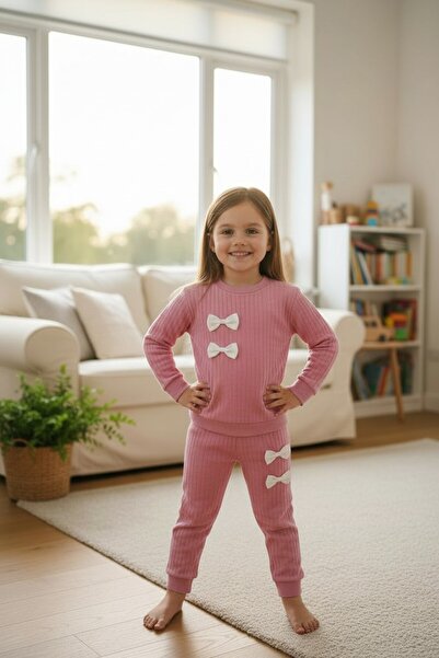 minitrends Cotton Report Bow Detailed Girls' Top and Bottom Set