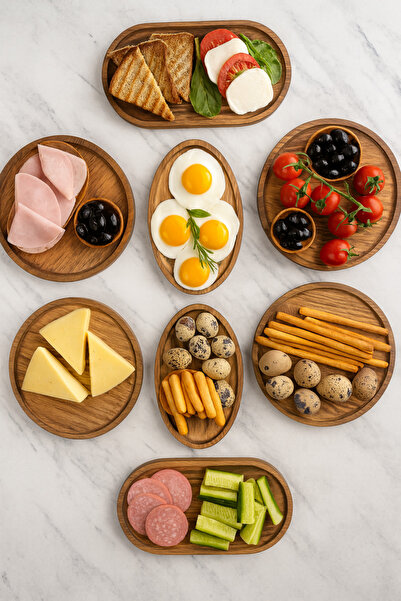 Onouqo Doğal Ahşap Sunum Tabakları Seti 8’li – Oval Ve Yuvarlak – Servis ve Kahvaltı Tabağı