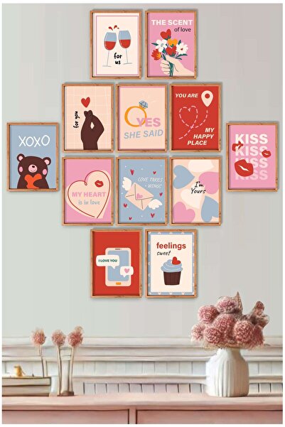 UNT Sevgililer Günü Aşk Temalı 12’li MDF Çerçeve Görünümlü Duvar Tablo Seti – Modern Romantik Dekor