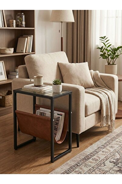 TodekHome Gazetelikli Camlı Metal Yan Sehpa - C Tipi Koltuk Kenarı Laptop ve ...