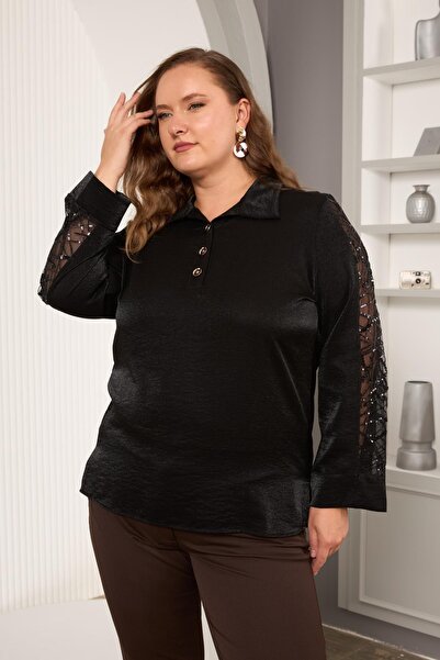 RMG Plus Size Sequin Detail Satin Blouse Black