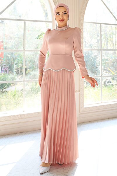 Olcay Stone and Pearl Detailed Pleated Satin Hijab Evening Dress Pudra 1682