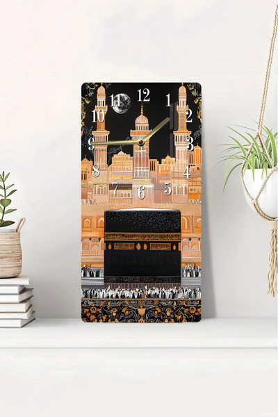 kutuTR 3D Looking 2D Uv Printing Mdf Table Clock – Kaaba and Masjid-I Haram Night Design – 20X40 Cm-Dts179