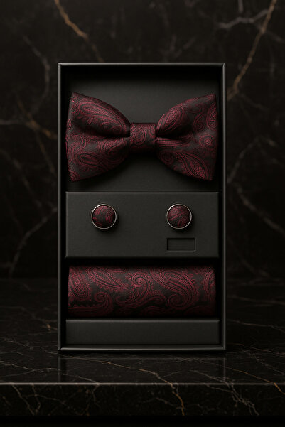 AndraRose Styles Men's Bow Tie + Button + Handkerchief Set - Crimson Dominion