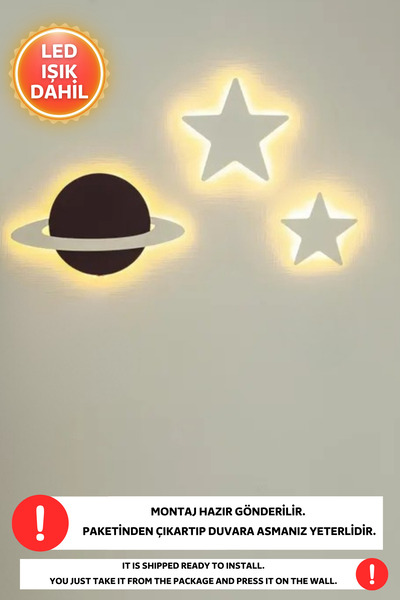 Dekorvin 1 Adet Ay ve 2 Adet Yıldız Led Işık Gece Lambası Bebek Çocuk Odası D...