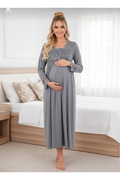 Lohusa Homewear Women's Smoked Design Lace Detailed Stylish Long Sleeve Maternity Nightgown