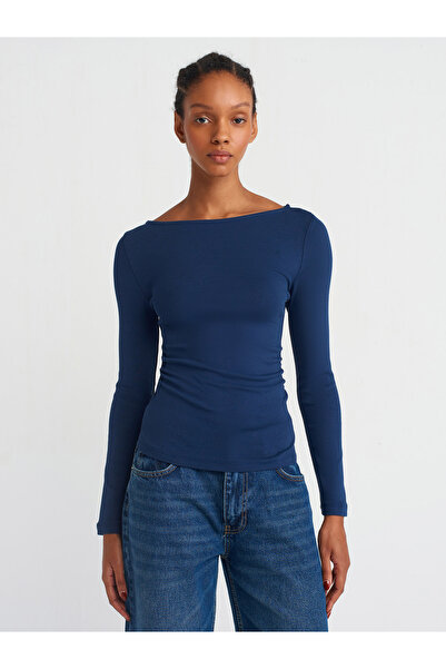 Dilvin Gathered Side Detail Boat Neck Knitted Blouse