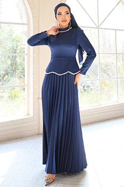 Olcay Stone and Pearl Detailed Pleated Satin Hijab Evening Dress Dark Blue 1682