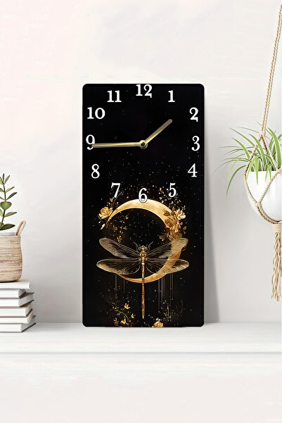 kutuTR ساعة طاولة MDF مطبوعة بالأشعة فوق البنفسجية ثنائية الأبعاد مع مظهر ثلاثي الأبعاد - خلفية سوداء مع تفاصيل ذهبية لبعوضة وزهرة 20x40 سم-DTS184
